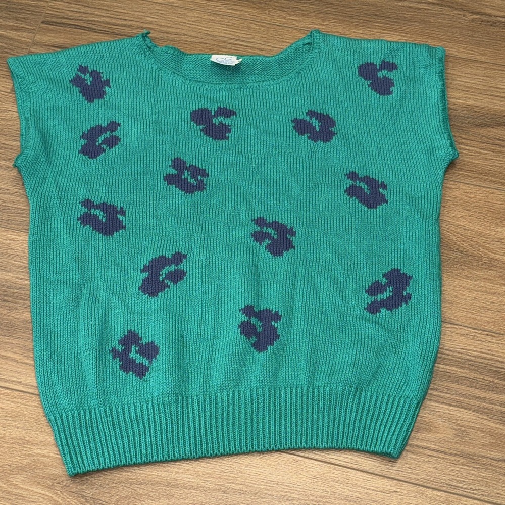Vintage 80s Career Guild Knit Sweater Vest Sleeveless Green Navy Women Med
